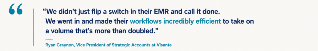 “We didn’t just flip a switch in their EMR and call it done. We went in and made their workflows incredibly efficient to take on a volume that’s more than doubled.” Ryan Craynon, Vice President of Strategic Accounts at Visante